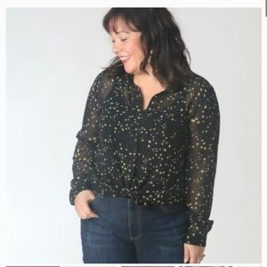 Cabi #3592 Galaxy Universe Star Blouse Style Large Black‎ Gold Sheer Button Down